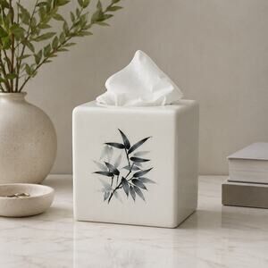 Vintage 70s Ceramic Tissue Box Cover Bamboo Floral White Square